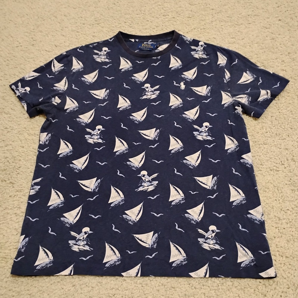 Polo Ralph Lauren Shirt Mens Medium Blue Boat Nautical Sailing Pony Designer